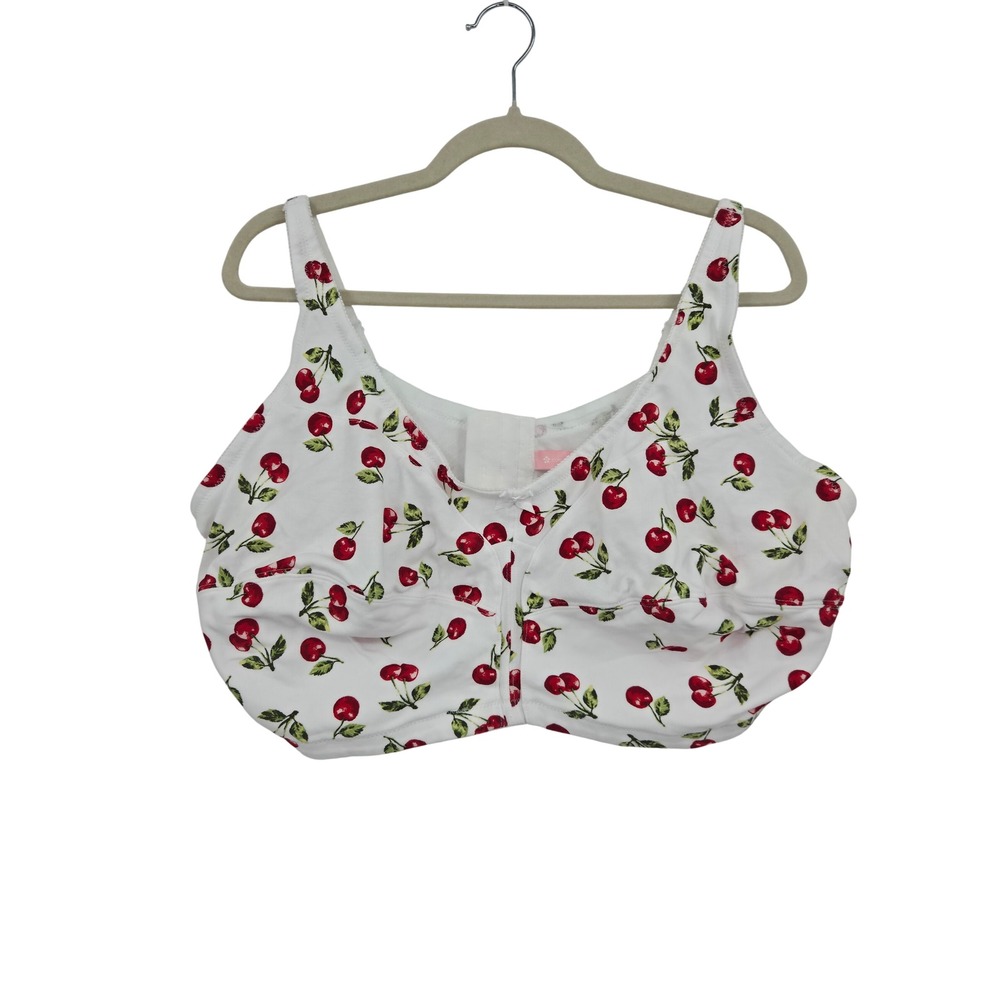 Comfort Choice White Red Cherry Print Wireless Bra 50C Whimsical Coquette Floral